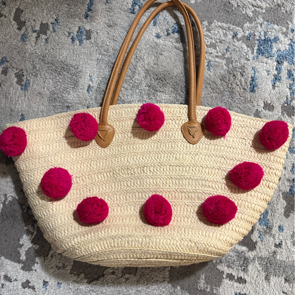 Shiraleah Straw Tote Bag with Pink Pom Poms